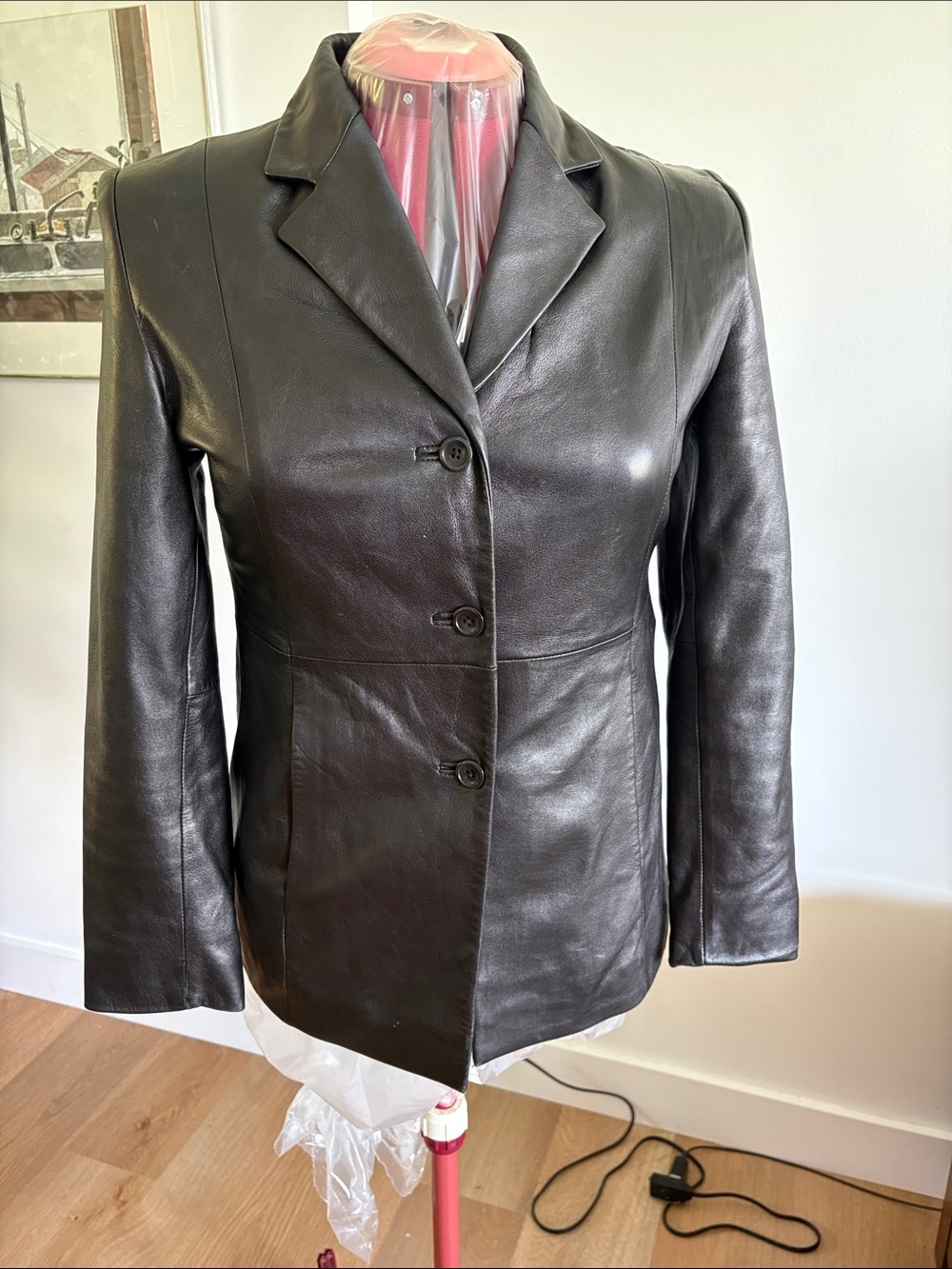 Valerie Stevens Black Leather Three-Button Blazer